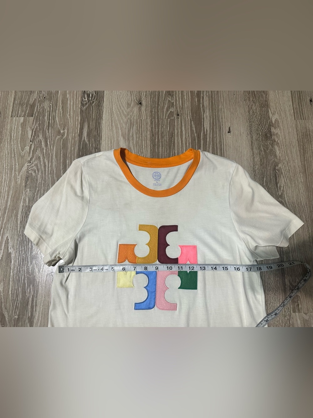 Tory Burch Cream Graphic Tee with Orange Trim and Multicolor Appliqué Large - Picture 6 of 7